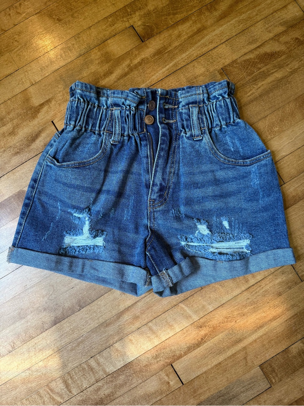 SO Paperbag Waist Distressed Denim Shorts - Blue